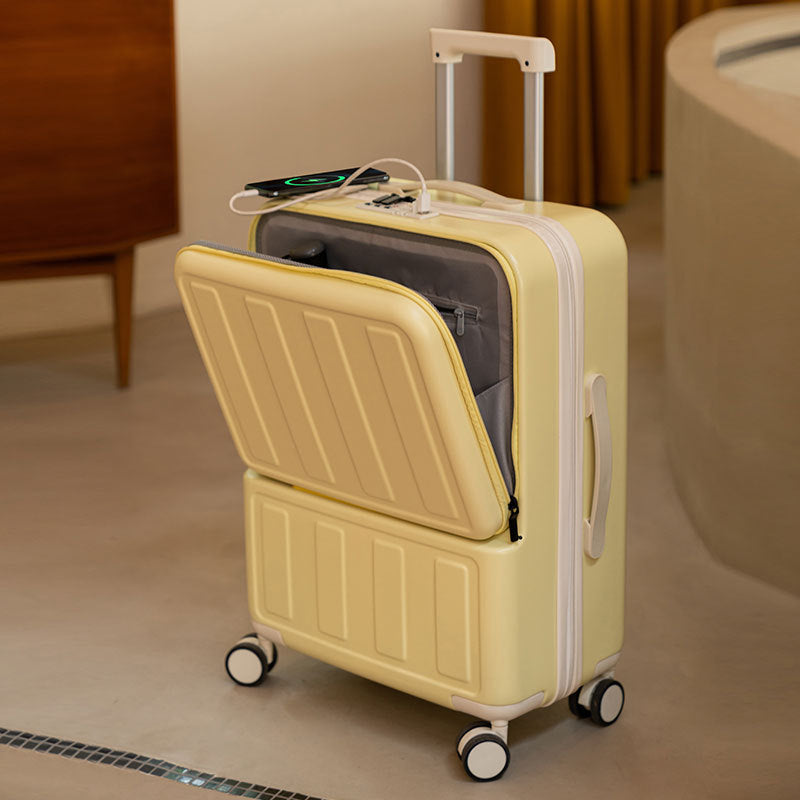 Suitcase with USB interface, front opening trolley case for women, men's fashion cup holder, password suitcase 20 cabin case 