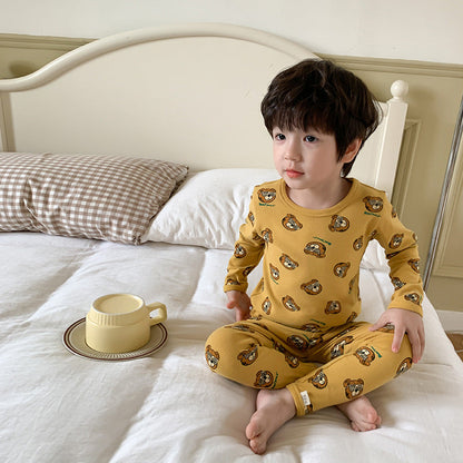 Children's pajamas for boys and girls spring and autumn A-type round neck cartoon underwear set baby 270g wool pull rack home clothes