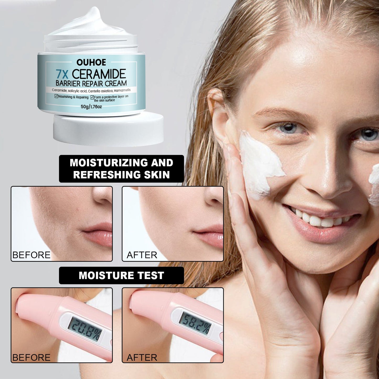 OUHOE ceramide repair cream moisturizes and hydrates the skin, repairs the skin barrier, brightens the skin, and rejuvenates the skin. Moisturizing cream 