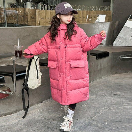 Children's down jacket for boys and girls thick medium and long warm three-proof white duck down winter medium and large children's knee-length down jacket