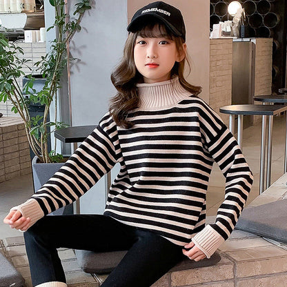 Girls sweater pullover 2024 new children's winter striped bottoming tops winter spring and autumn girls outer wear knitted sweaters