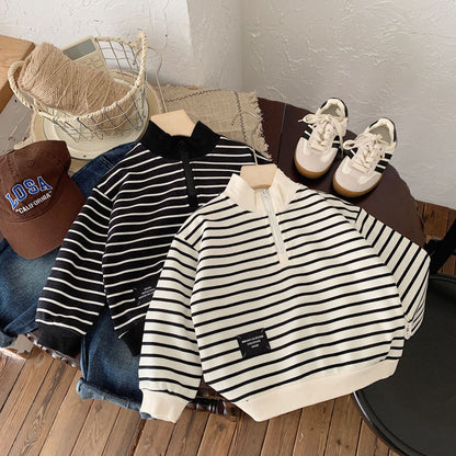 Bangcheng 24 Spring New Boys and Girls Striped Zipper Pullover Tops Children's Round Neck Children's Sweater Trend G0004