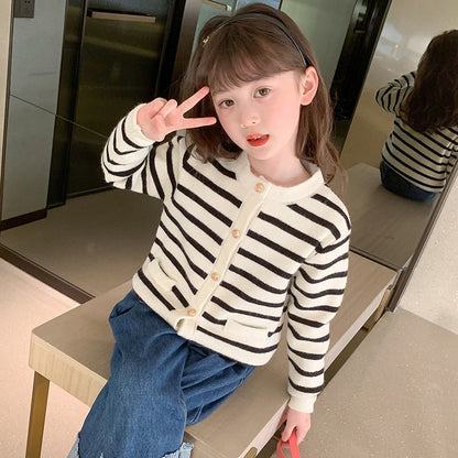 Girls Spring and Autumn Cardigan Sweater Striped Stripe Button Chanel Style Knitted Sweater Loose French Jacket