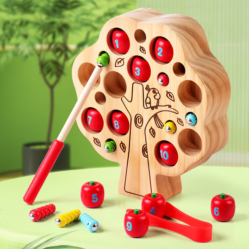 Wooden clip apple digital catching bug color recognition game children's magnetic catching bug early education educational building block toys