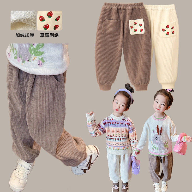 Winter girls' thickened fleece pants chenille plus size plus size corduroy elastic bloomers keep warm and stylish