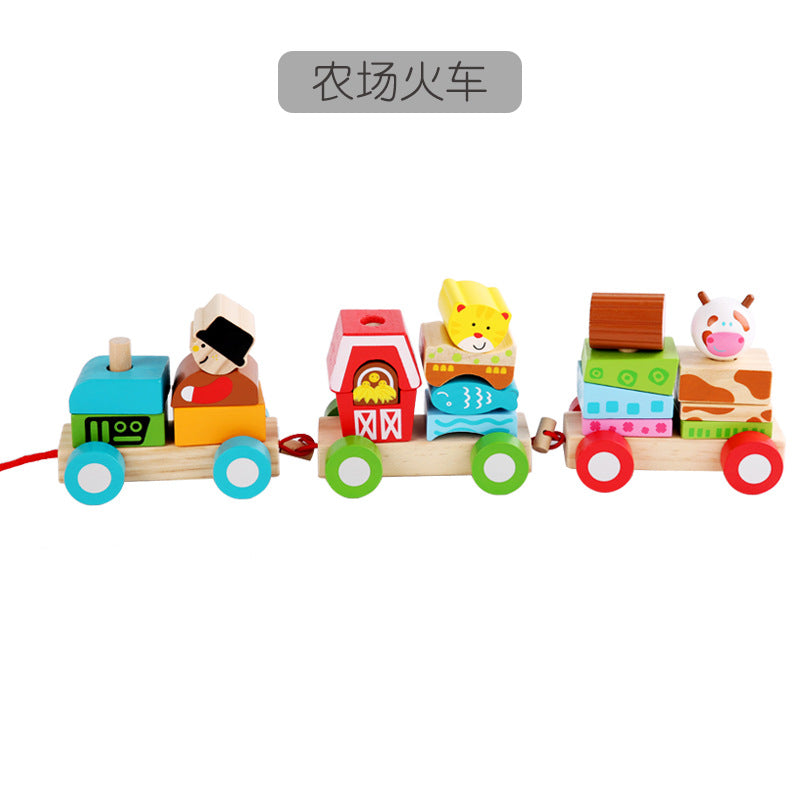 Children's wooden disassembly and assembly combination building block car multifunctional traction train children's early education color recognition matching toy 