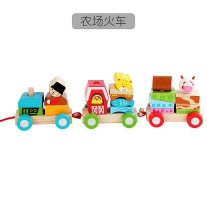 Children's wooden disassembly and assembly combination building block car multifunctional traction train children's early education color recognition matching toy 