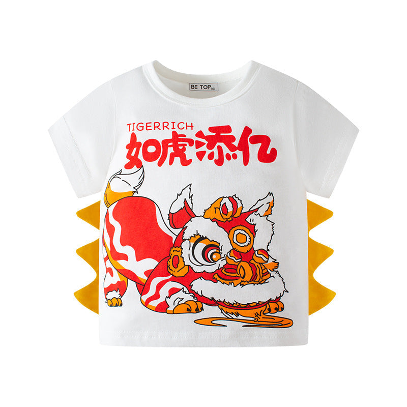 be top children's clothing Chinese style children's short-sleeved lion dance lion dance summer new boys T-shirt baby one piece