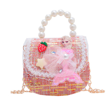 Children's Bags Girls Cute Little Princess Crossbody Bag Cartoon Little Girl Pearl Handbag Versatile Chain Shoulder Bag