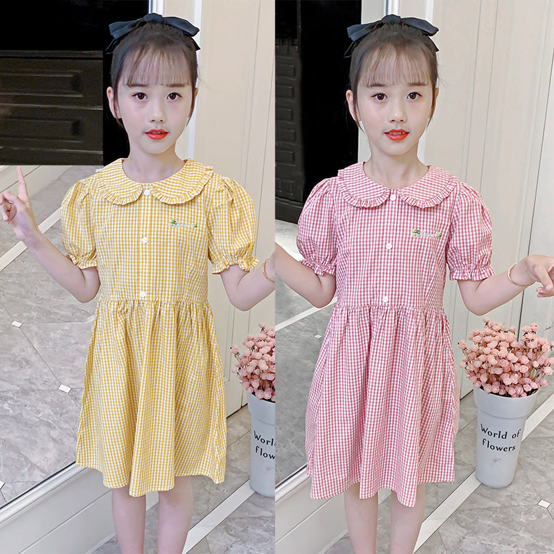 Girls short-sleeved dress summer new cotton baby collar plaid dress for middle and large children stylish embroidered skirt