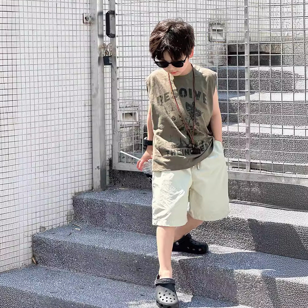 Amo Beibei boy 2024 summer all-match washed drawstring shorts baby cotton brocade wrinkled loose cool shorts trend