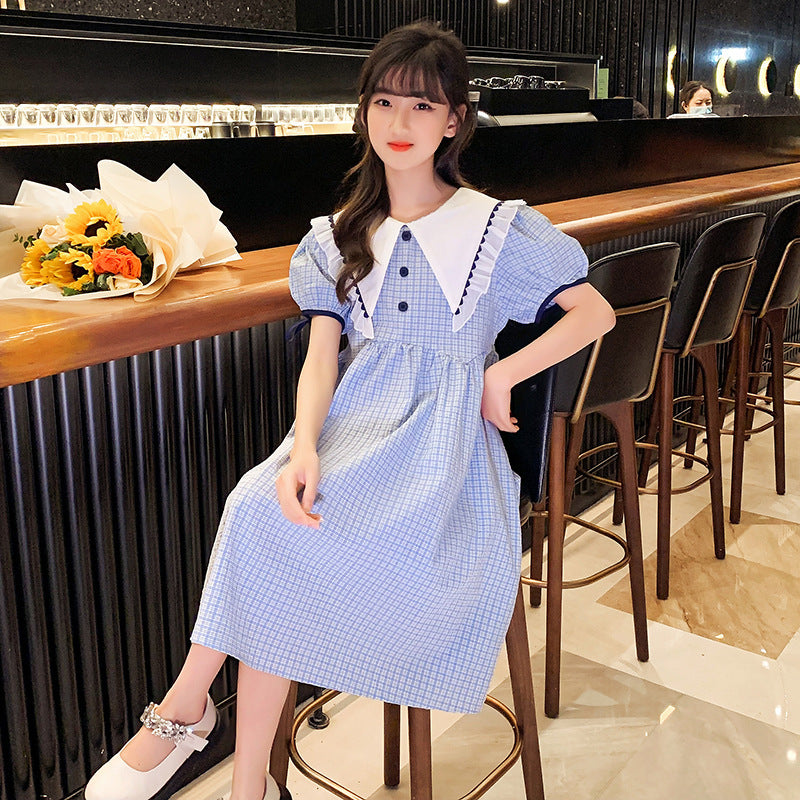 Girls summer French dress 2024 new medium and large children's puff sleeve princess dress square collar large collar cotton plaid skirt