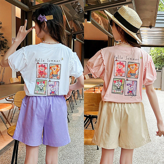 Girls summer short-sleeved T-shirt with cotton earrings and fragrant elastic for middle and large children, primary and junior high school students, fat cartoon trend