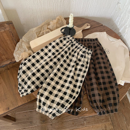 Children's trousers 2024 Bangcheng Spring Boys and Girls Korean Retro Plaid Casual Cotton Drawstring Pants Trendy F0352