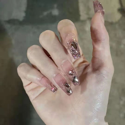 Wear long nails, the same style as Wen Jingling, pink nude diamond nail stickers, removable nail stickers, finished nail pieces