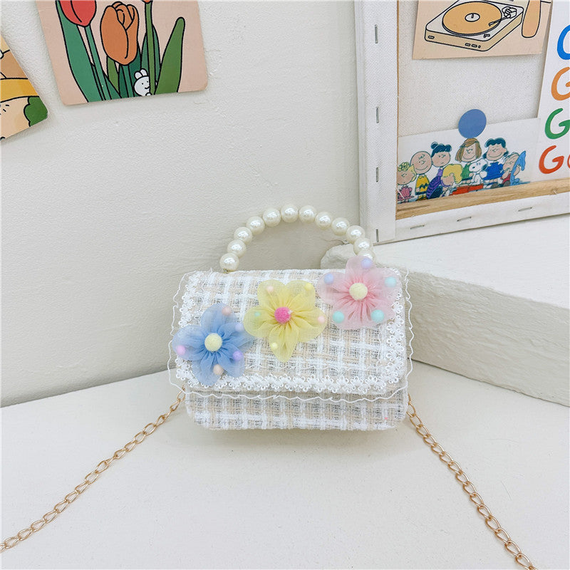 New diamond pattern children's bag fashionable pearl handbag simple chain crossbody small square bag small Chanel style shoulder bag