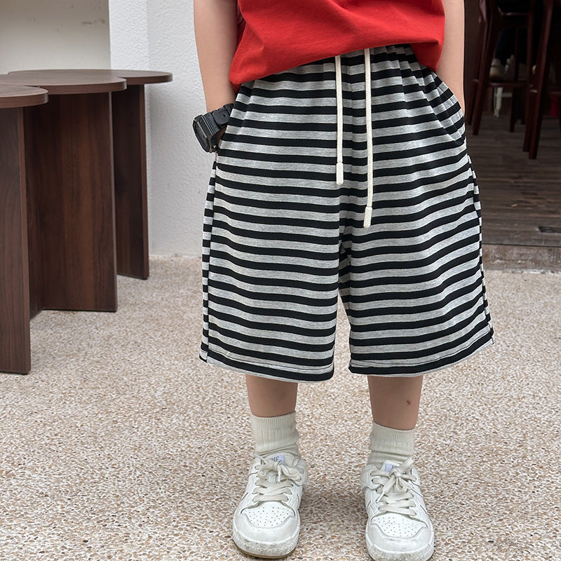 Amo Baby Children's Pants 2024 Summer Boys and Girls All-match Striped Loose Shorts Baby Drawstring Shorts