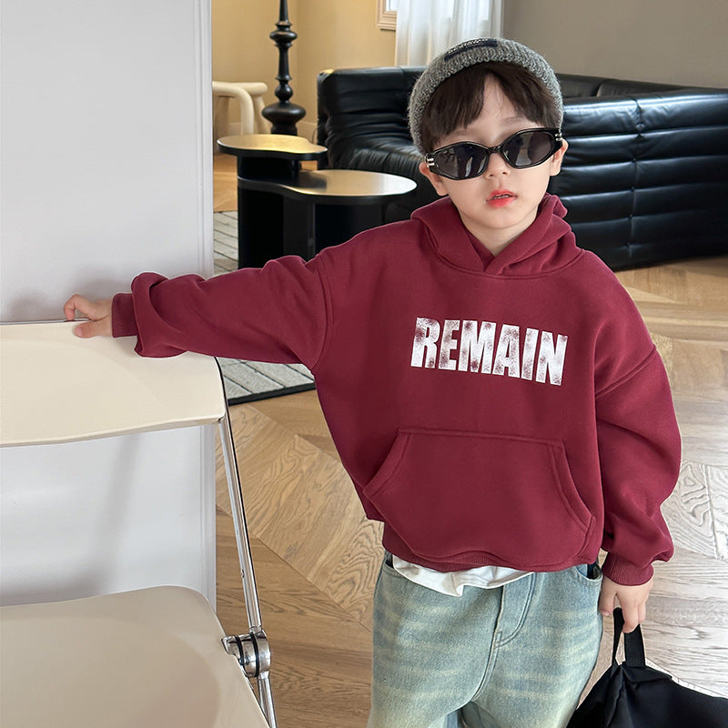 Amo Beibei children's winter Korean style warm tops for boys and girls baby loose letter one-piece fleece hooded sweatshirt