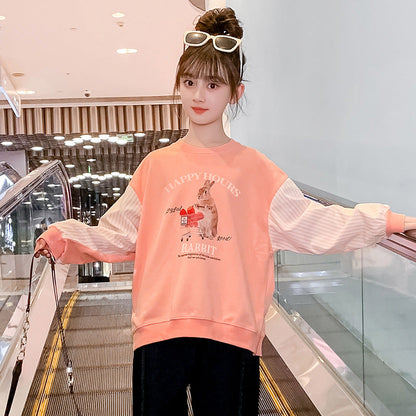 Girls autumn autumn bottoming shirt outer wear shirt striped print cartoon middle and large children school season elementary school students loose