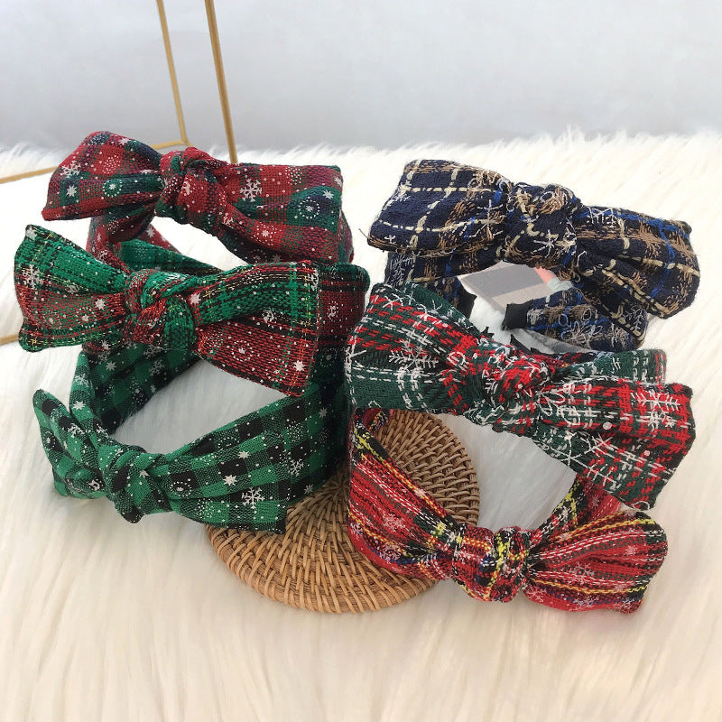 2024 New Christmas Bow Headband Women European and American Retro Plaid Knotted Head Buckle Christmas Headband Hair Cave Women