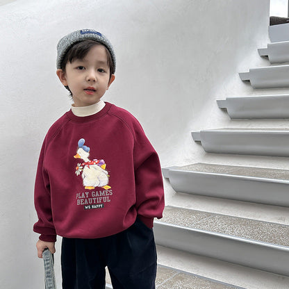 Amo Beibei 2023 Autumn and Winter Cute Warm Tops for Boys and Girls Baby Velvet Cartoon Letter Loose Sweatshirt