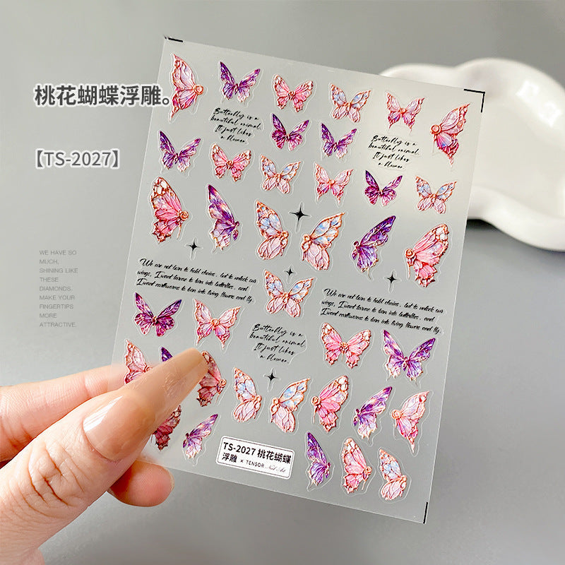 Nail stickers embossed thin and tough peach flower butterfly decals with adhesive backing three-dimensional texture dark style nail patch accessories