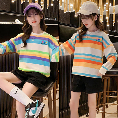 Girls Spring and Autumn Striped Top Pullover Elastic Loose Korean Style Color Stripes Medium and Large Children Rainbow Fat Large Edition Trendy