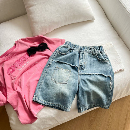 Amo Beibei children's 2024 summer raw edge pocket bamboo denim shorts for boys and girls sand washed cotton splicing shorts