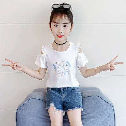 Children's summer short-sleeved T-shirt 2024 new cute printed off-shoulder T-shirt girl's ear-edge cotton top trend