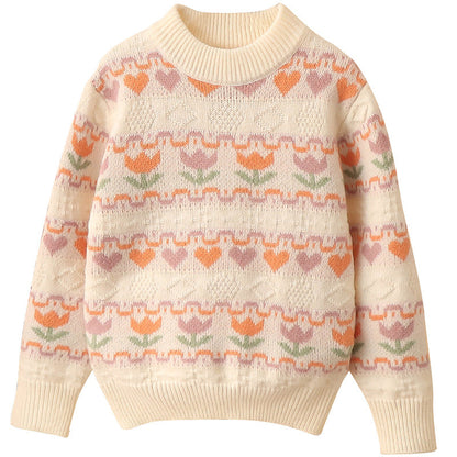 Winter girls' baby thick sweater warm pullover tulip round neck student retro Japanese forest sweater