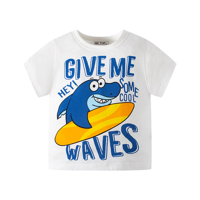 2023 Summer New Korean Children's Short Sleeve Cartoon Shark Pattern Baby Boy Tops Cotton T-shirt