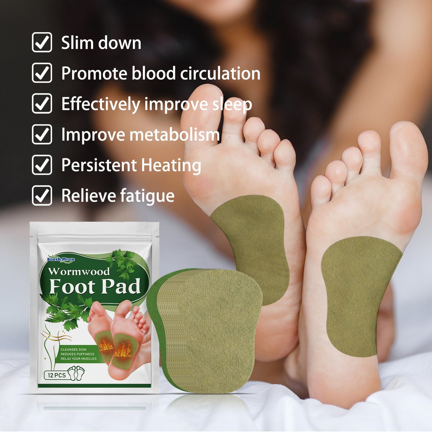 South Moon Mugwort Foot Patch ធ្វើអោយប្រសើរឡើងនូវចរន្តឈាម និងកាត់បន្ថយភាពតានតឹងក្នុងរាងកាយ កាត់បន្ថយ និងថែរក្សាជើង 