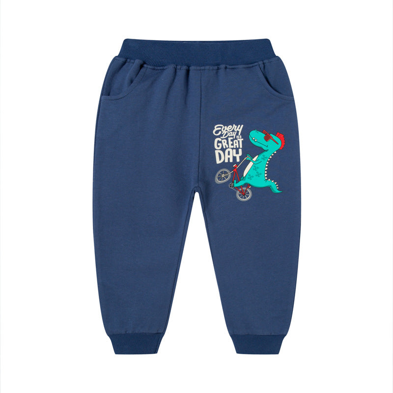 2023 new children's autumn boys sports trousers dinosaur cartoon pattern pure cotton trousers knitted children's trousers