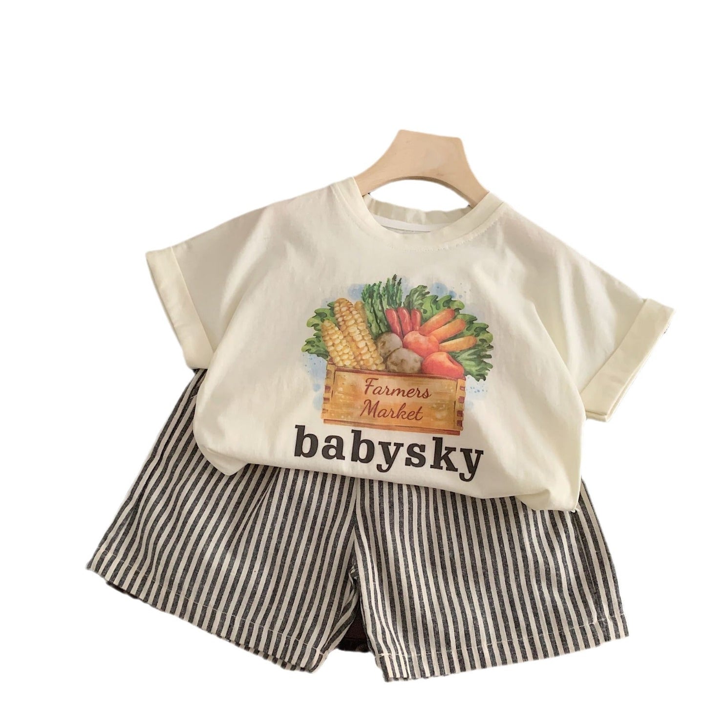 Children's suit Bangcheng 2024 summer boys two-piece suit fruit and vegetable short-sleeved + striped shorts new children's clothing G0216