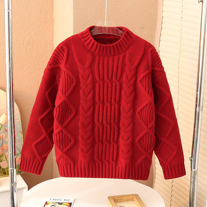 Winter girls' cable knit sweater thickened thick wool retro cherry red stylish warm lazy loose New Year