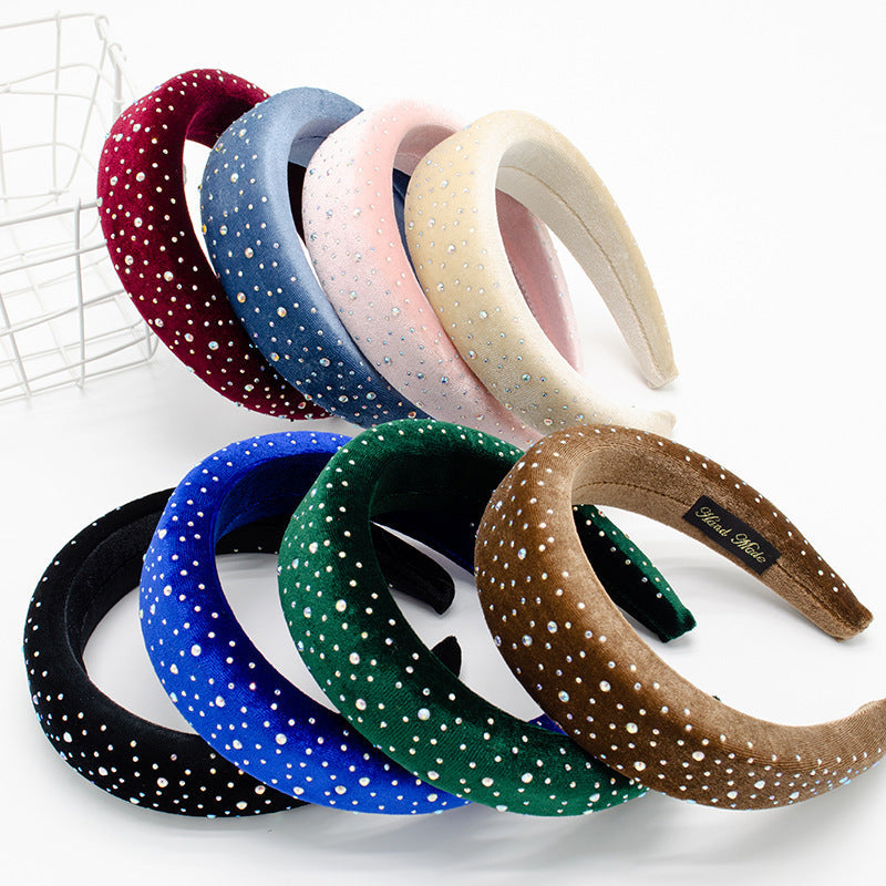 New French headband for women European and American retro diamond-studded sponge flat head buckle solid color fabric wide-brimmed headband hair cave for women