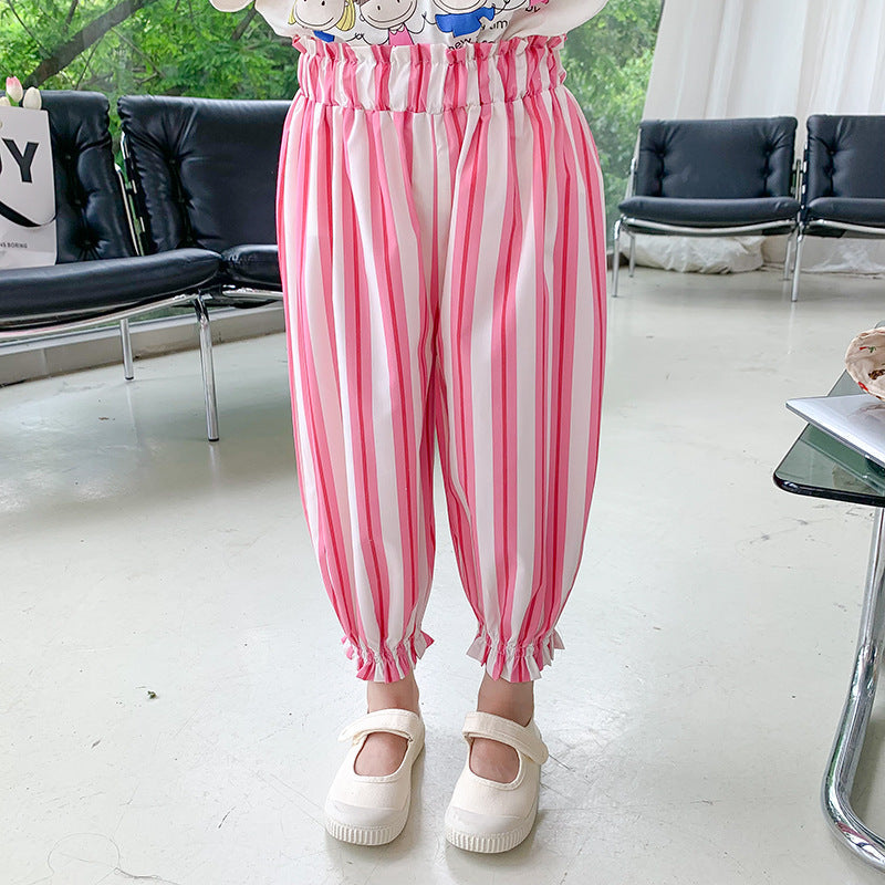 2024 summer new Korean version children's baby light breathable loose anti-mosquito pants girls casual vertical striped air-conditioning pants