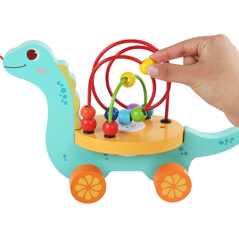 Early childhood education children's wooden kindergarten enlightenment pull rope animal music model drag car around beads matching educational toys