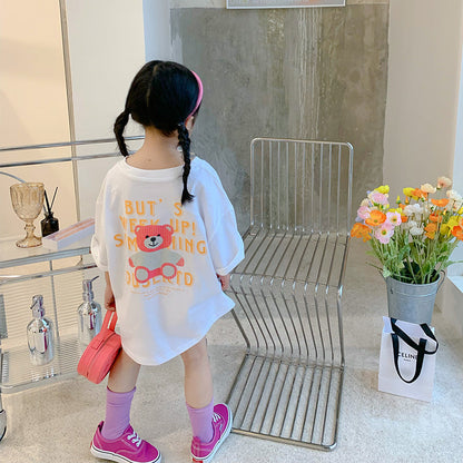 2024 summer new style girls cartoon bear short-sleeved printed skirt small children's stylish dress girls skirt season