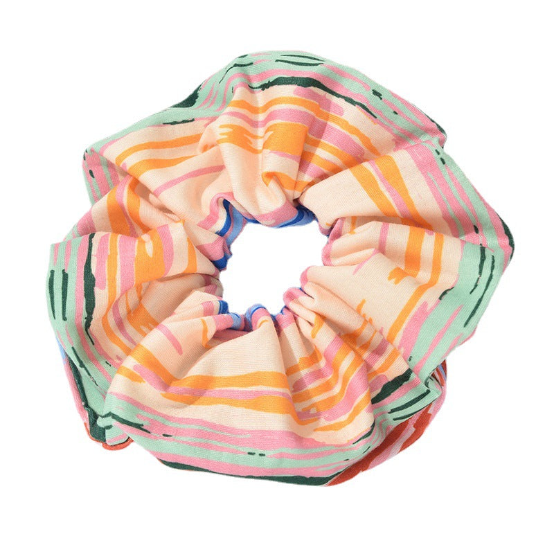 French new tie-dye large intestine hair band female European and American cartoon striped hair flower cloth art hair tie ponytail large intestine hair band