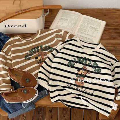 Bangcheng Boys' Base Shirt 24 Spring New Products Children's T-shirt Striped Bear Printed Long Sleeve Casual Top G0003