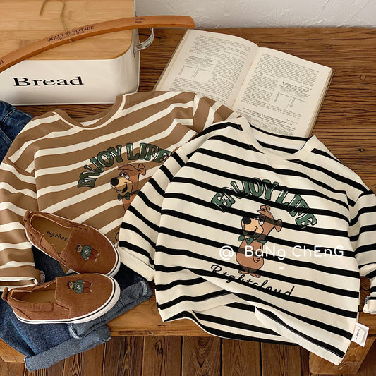 Bangcheng Boys' Base Shirt 24 Spring New Products Children's T-shirt Striped Bear Printed Long Sleeve Casual Top G0003