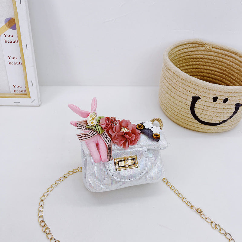 Korean fashion small square bag cartoon bunny pendant girl accessories bag shiny small square bag crossbody children's bag