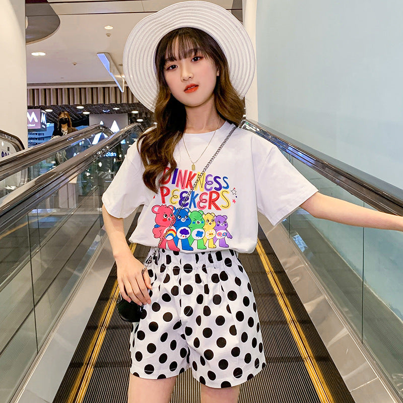 Children's Girls Summer Short-sleeved Tops Cotton T Cartoon Print Loose Elastic Fat Student Big Kids Large Edition