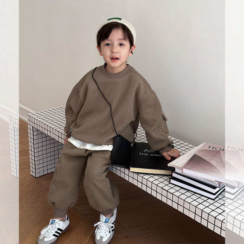 Amo Baby Children's 2024 Spring Handsome Sports Suit Boys and Girls Baby Composite Cotton Label Pocket Two-piece Set