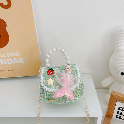 Children's Bags Girls Cute Little Princess Crossbody Bag Cartoon Little Girl Pearl Handbag Versatile Chain Shoulder Bag