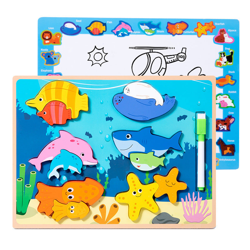 Children's wooden new parent-child three-dimensional puzzle animal cognition matching early education interactive desktop two-in-one toy