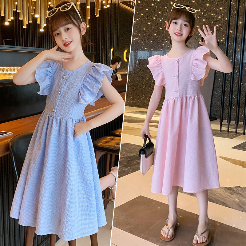 Children's 2024 new summer cotton pastoral style dress plaid fragrance style flying sleeves flying edge net celebrity princess long skirt