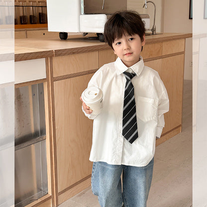 Amo Beibei children's tie shirt for boys and girls 2024 spring all-match loose lapel top baby temperament shirt