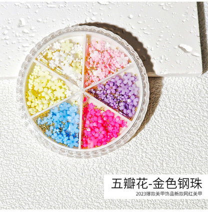 Cross-border nail art accessories 2024 new three-dimensional five-petal flowers Internet celebrity hot-selling same style steel beads mixed accessories